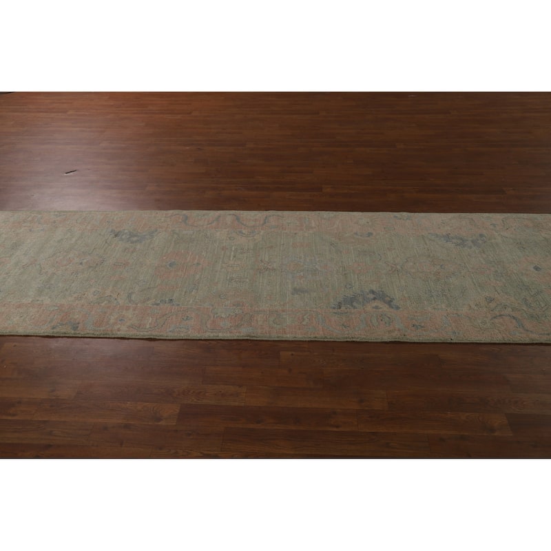 Vegetable Dye Green Oushak Turkish Runner Rug Handmade Wool Carpet - 3'2" x 12'0"