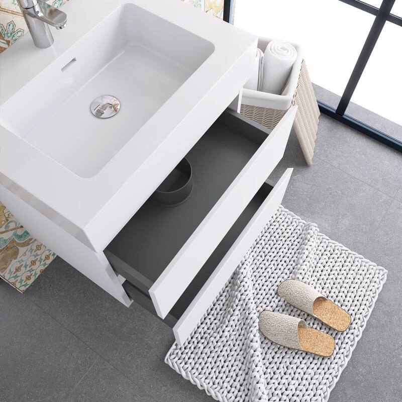 Wood Wall-Mounted Bathroom Vanity Set with White Integrated Resin Sink