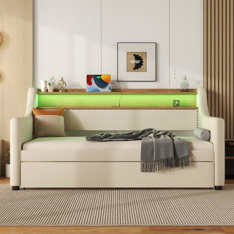 Modern Twin Size Upholstered Daybed with Trundle and Charging Station