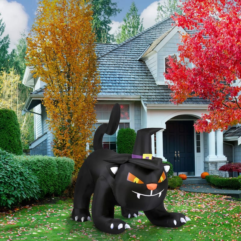 Haunted Hill Farm 6-ft. Wide Prelit Inflatable Black Cat with Witch Hat