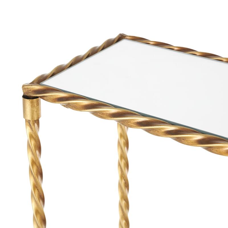 Metal Twisted Rope Inspired Console Table with Mirrored Glass Top and Shelf - Gold - Roche River Decor