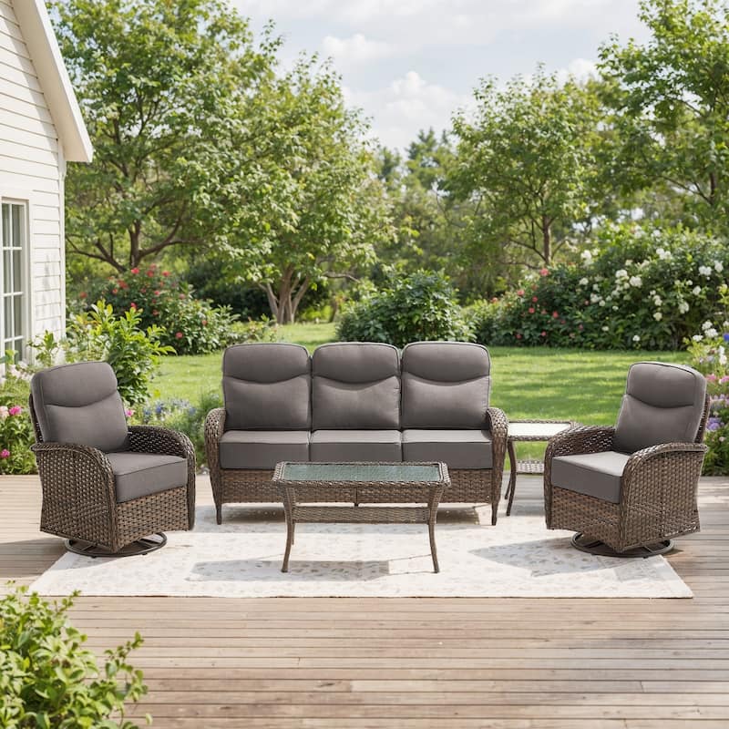 Pocassy Outdoor Sofa Swivel Chair and Ottman with Coffee Table - Brown Wicker Gray Cushion - 5-Piece Sofa Swivel Chiar with Table