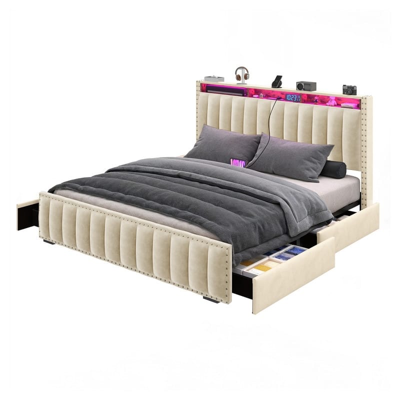 Full / Queen / King Size Platform Bed Frame with Upholstered Storage Headboard and 4 Drawers