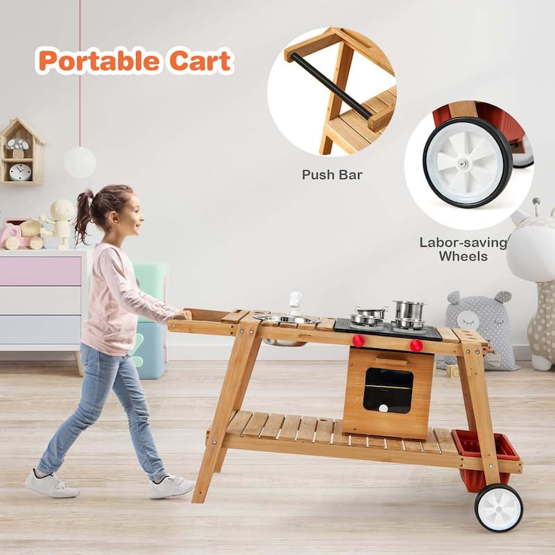 Kid's Play Trolley Outdoor Wooden Cart w/ Sun Umbrella for 3+