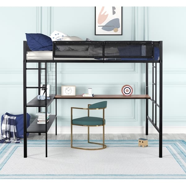 slide 2 of 9, Metal Full Size Loft Bed with Desk,Shelves/Wood Slats/Textilene Guardrail/Built-in Desk,2-tier Shelves,Grid Panel/2 Side Ladders Black