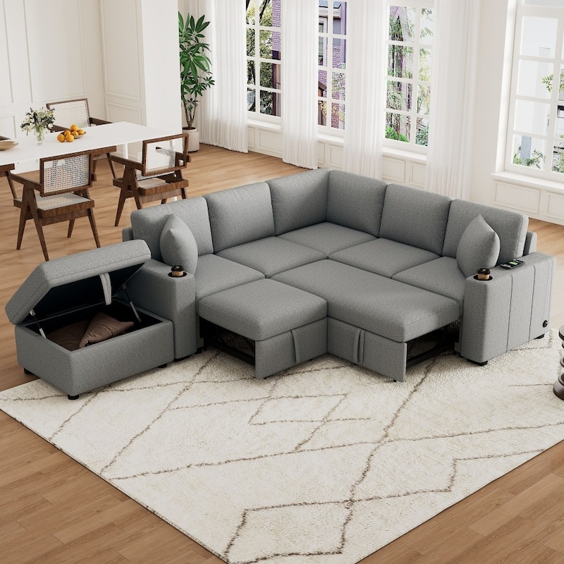 84.7" Modern L-shaped Sectional Sofa Set with a Movable Storage Ottoman and Pull-out Sofa - Grey