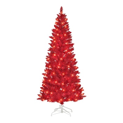 6.5 ft Pre-lit Flocked Fashion Red Tree, 475 Tips, 200 UL Clear Incandescent Lights