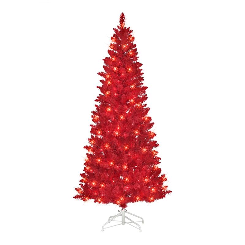 Puleo International 6.5 ft. Pre-lit Flocked Fashion Red Artificial Christmas Tree with 200 Warm White LED Lights