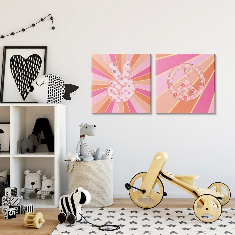 Stupell Groovy Peace Symbols on Stripes Canvas Wall Art Design By Jesse Keith (Set of 2)