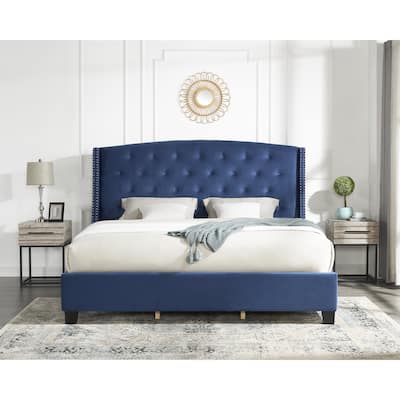 Roundhill Furniture Fentina 3-Piece Upholstered Bedroom Set Tufted Wingback Bed with Two Nightstands