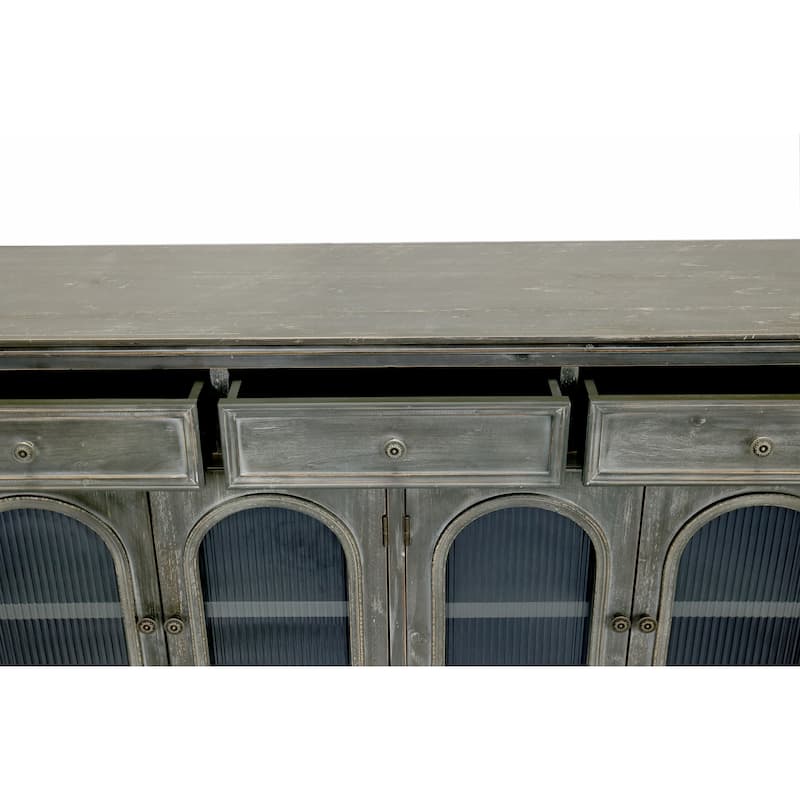 59.06"Farmhouse Sideboard Buffet Cabinet, Distressed Wood Credenza with 3 Drawers & 4 Glass Doors, Storage Cabinet with Shelves