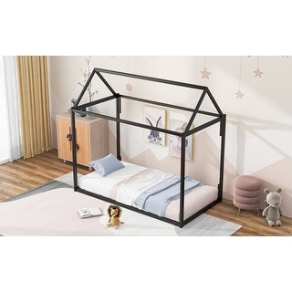 Metal House Shape Floor Bed, Twin Size Metal Frame Bed House Roof Frame Toddler Bed Platform Bed for Children Kids Boys Girls