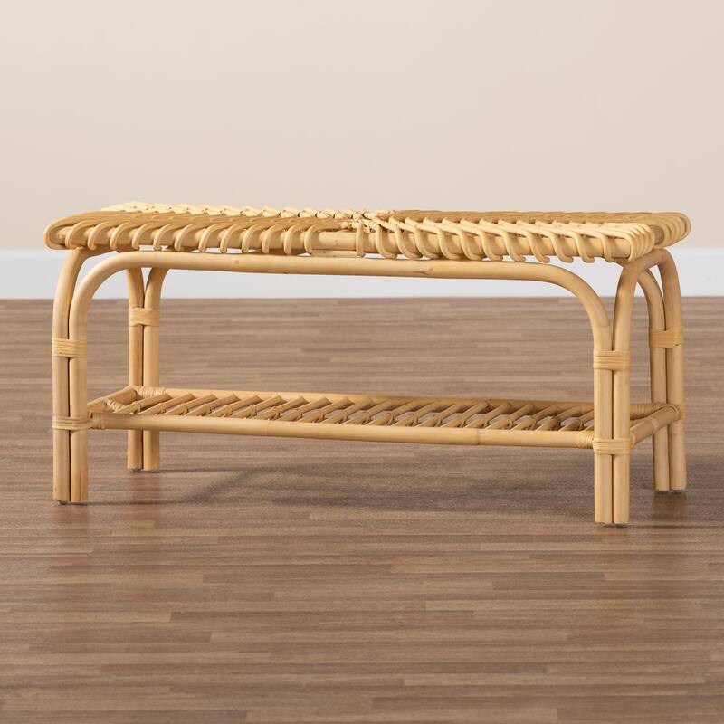 Himari Modern Bohemian Natural Brown Rattan Accent Bench