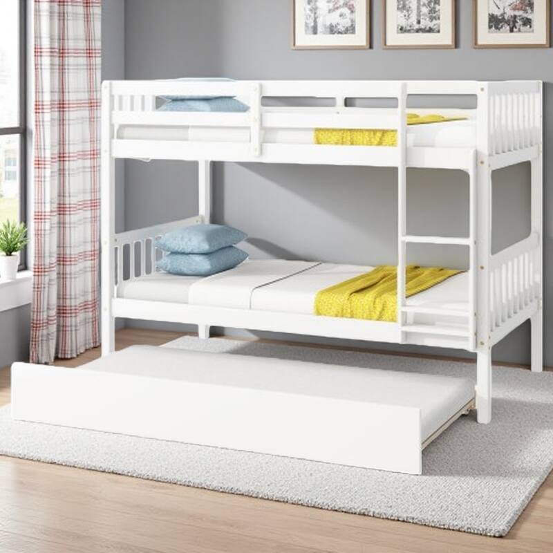 Twin Over Twin Rubberwood Bunk Bed with Pull-Out Trundle, Convertible into Two Separate Beds, Ladder and Safety Guardrails - White