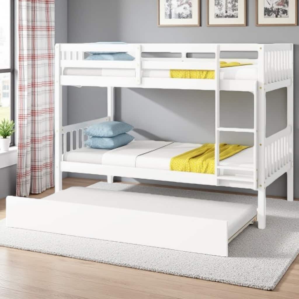 Twin Over Twin Rubberwood Bunk Bed with Pull-Out Trundle, Convertible into Two Separate Beds, Ladder and Safety Guardrails
