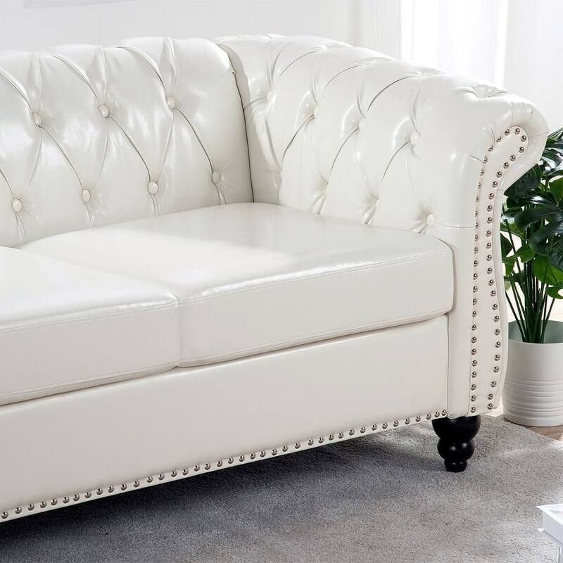 84.65" Chesterfield Tufted Faux Leather Sofa with Rolled Arms