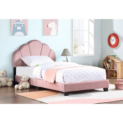 Pink Velvet Upholstered Twin Size Platform Bed for Kids with Shell Design Headboard, No Box Spring Needed, Plastic Legs