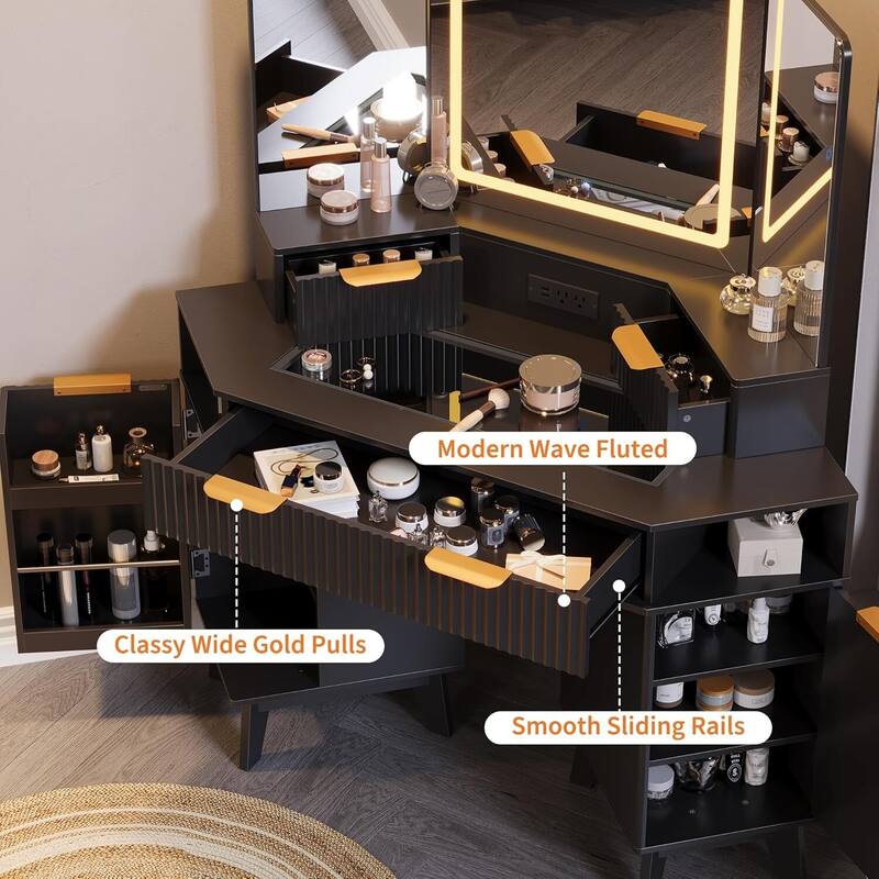 48 inch Fluted Corner Vanity Desk with Lights and Triple Mirror