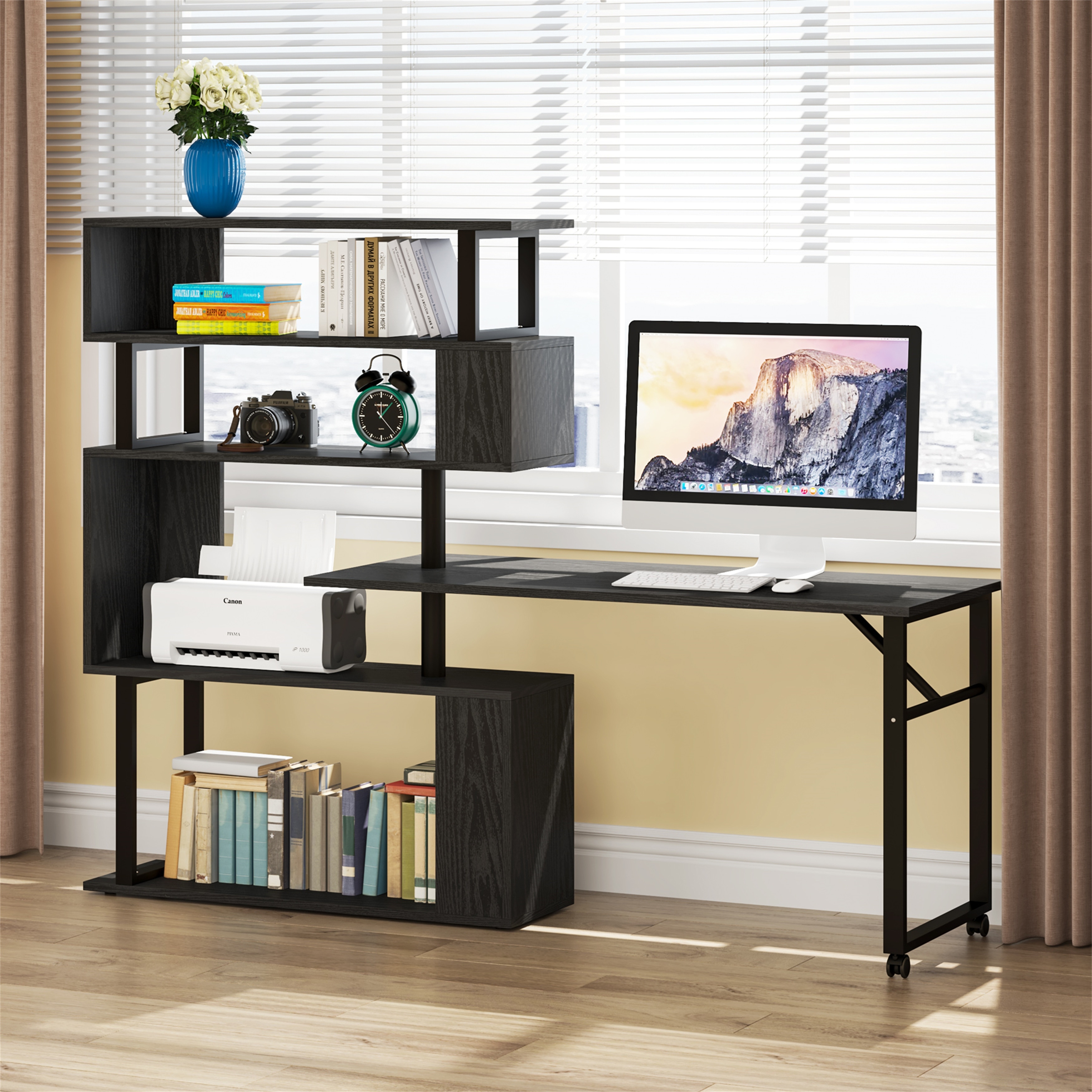 Brown/ Black Rotating L-Shaped Computer Desk, Corner Home Office Desk with  Storage Shelf - Bed Bath & Beyond - 33503792