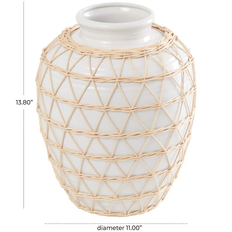 White Ceramic Handmade Vase with Woven Rattan Exterior - 11"W, 14"H