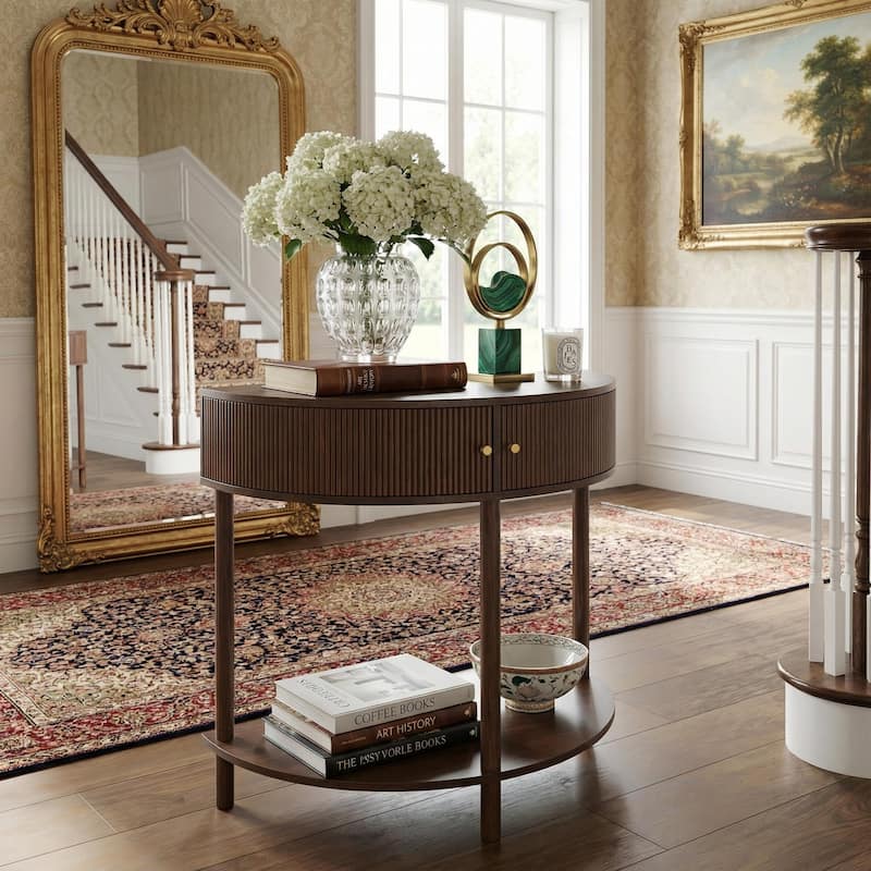 Homy Casa 31.5" Demi-Lune Console Table with 2 Drawers & Shelf, Wave-Pattern Front, Solid Wood Legs, Multiple Colors