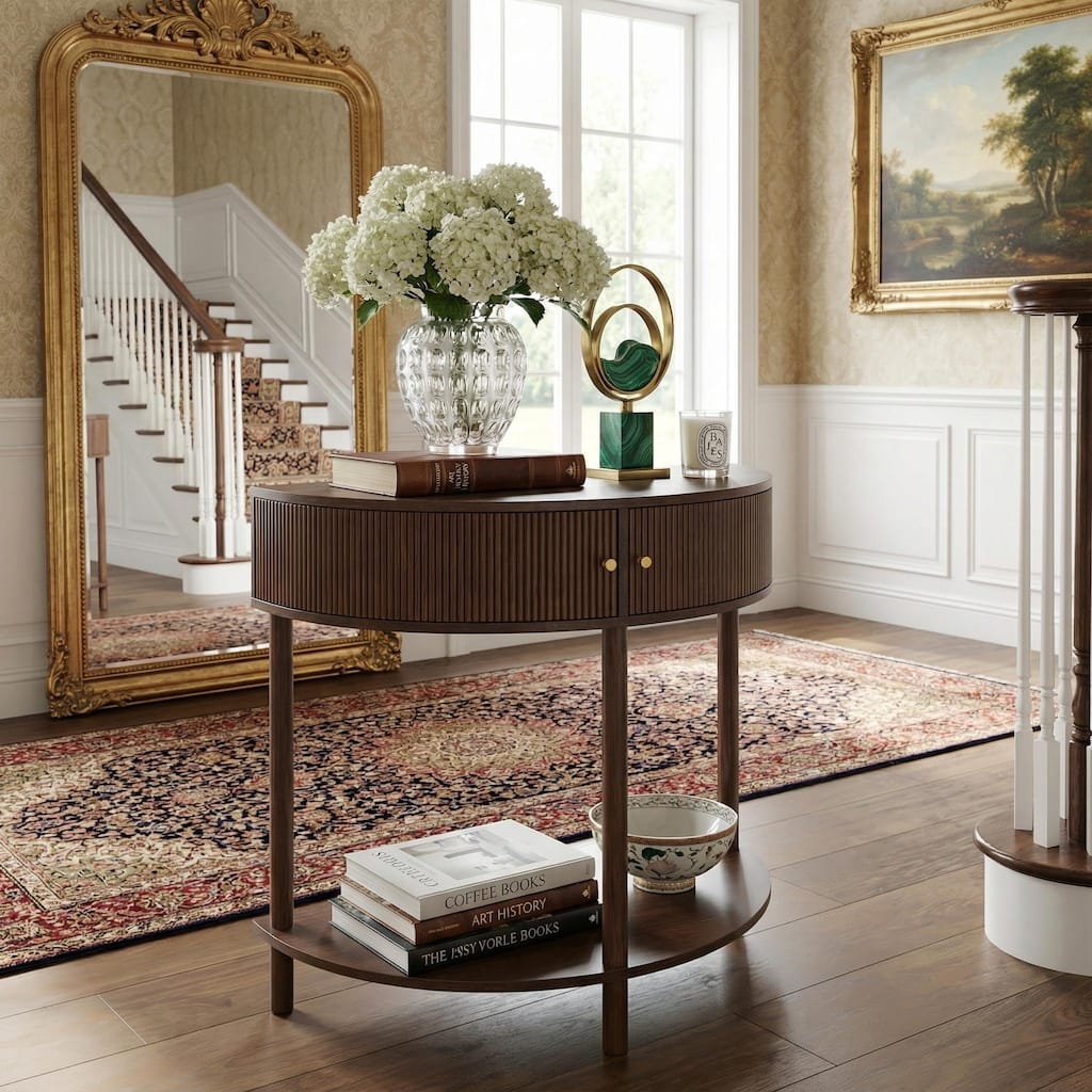 Homy Casa 31.5" Demi-Lune Console Table with 2 Drawers & Shelf, Wave-Pattern Front, Solid Wood Legs, Multiple Colors