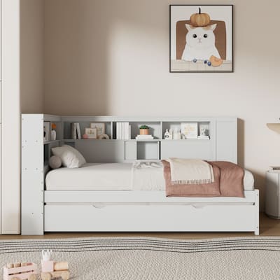 Twin Size Wood Daybed with Pull Out Trundle, Solid Pine Living Room Platform Sofa Bedframe with Storage Shelves and USB Ports