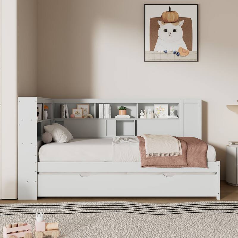Wooden Twin Daybed with Built-In Storage Shelves, USB Port, and Trundle - Natural
