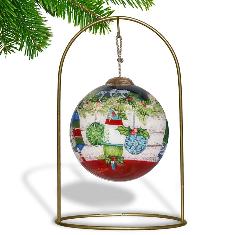 3" Green Red Buoy Seas Greetings Hand Painted Christmas Ornament