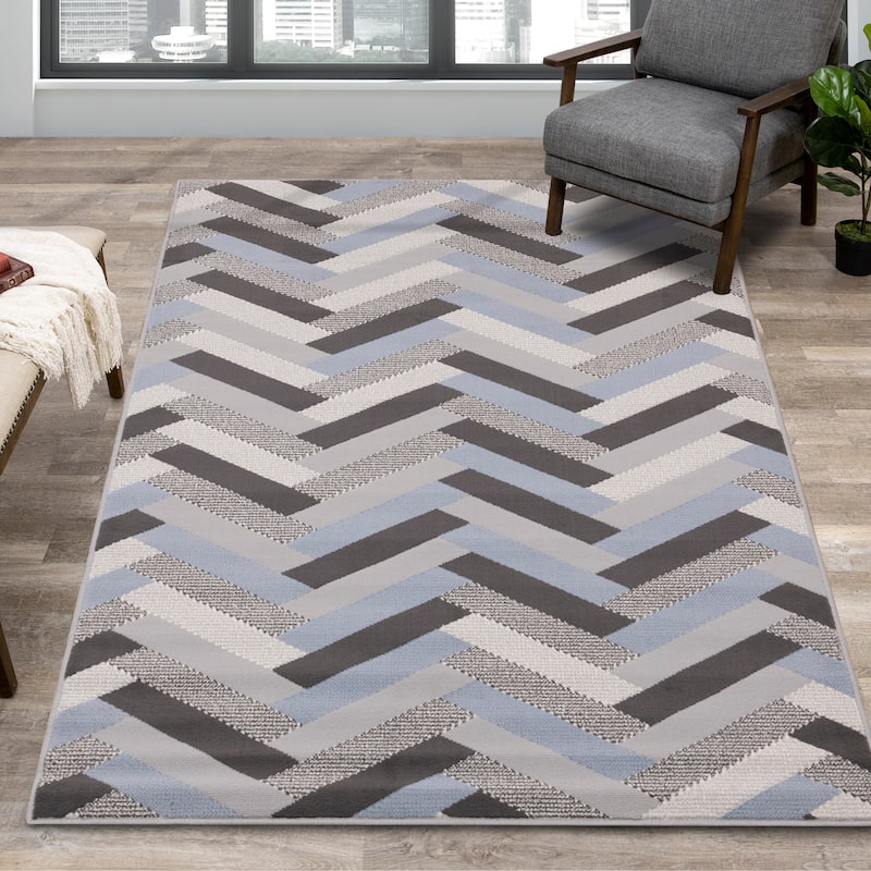 Florence Collection - Grey/Blue Herringbone Rug - 4'7" x 6'7"