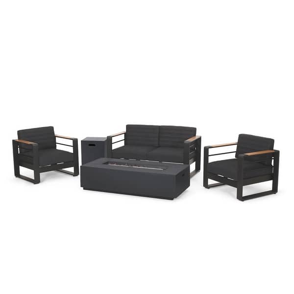 slide 3 of 18, Giovanna Outdoor Aluminum 4 Seater Chat Set with Fire Pit by Christopher Knight Home Black + Natural + Dark Gray