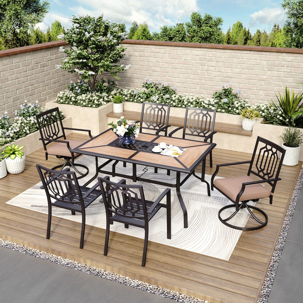 MAISON ARTS 7PCS Patio Dining Set, Large Rectangular Wood Like Top Table with 4 Metal Chairs and 2 Swivel Chairs