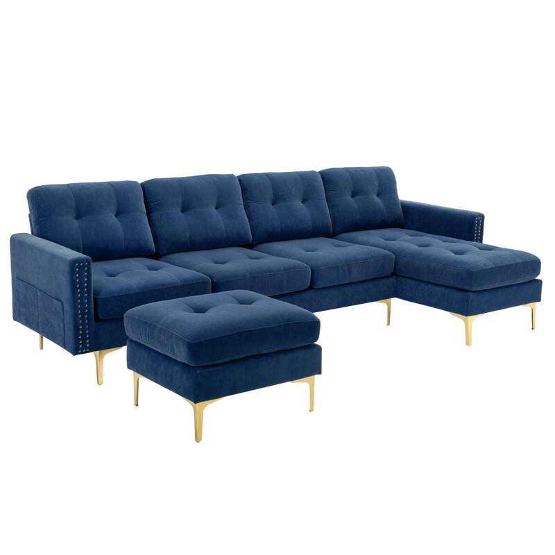 110.6" Velvet L-Shaped Sectional Sofa with Movable Ottoman and Storage Pockets