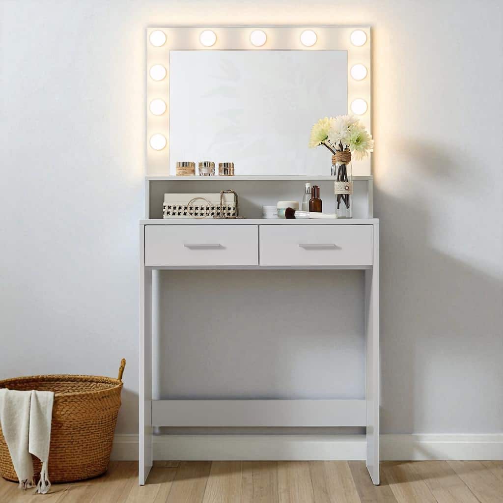 Vanity Desk with Mirror and 11 LED Lights, 2 Drawers, Touch Light Modes and Large Storage for Bedroom