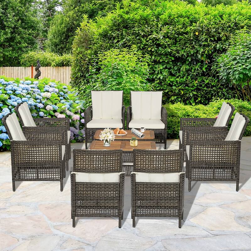 Costway 10PCS Patio Rattan Furniture Set Cushioned Sofa Armrest Wooden - Mix Black + Brown + Off White