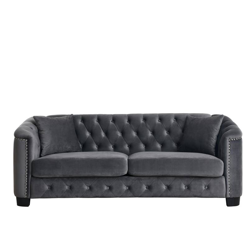 Velvet Chesterfield Upholstered Sofa, Lounge Sofa with Tufted Backrests, 3 Seater Sofa with Nailhead Arms & 2 Cushions