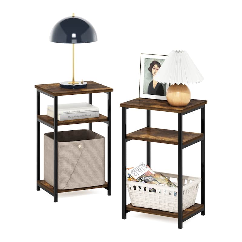 Furinno Just 3-Tier Industrial Metal Frame End Table with Storage Shelves, 2-Pack, Espresso
