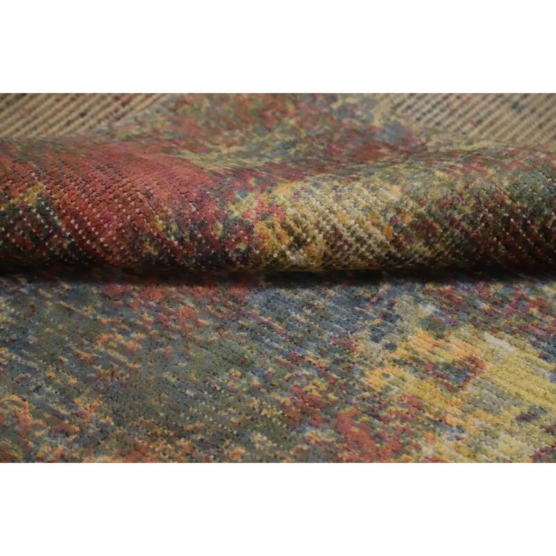 Hand Knotted Oriental Viscose Silk Carpet Modern All-Over Multi-Colored Abstract Area Rug - 7' 8'' X 5' 5''
