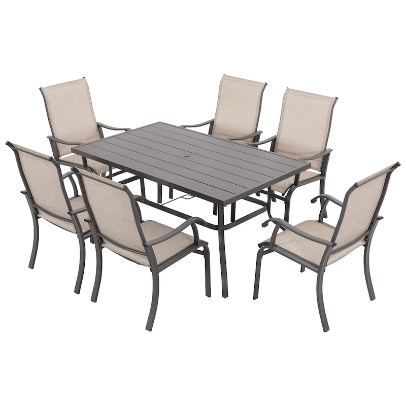 Patio 7-Piece Textilene Dining Set with Umbrella Hole, Beige and Gray