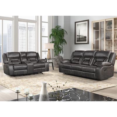 Roundhill Furniture Elkton Manual Motion Reclining Sofa and Loveseat with Storage Console