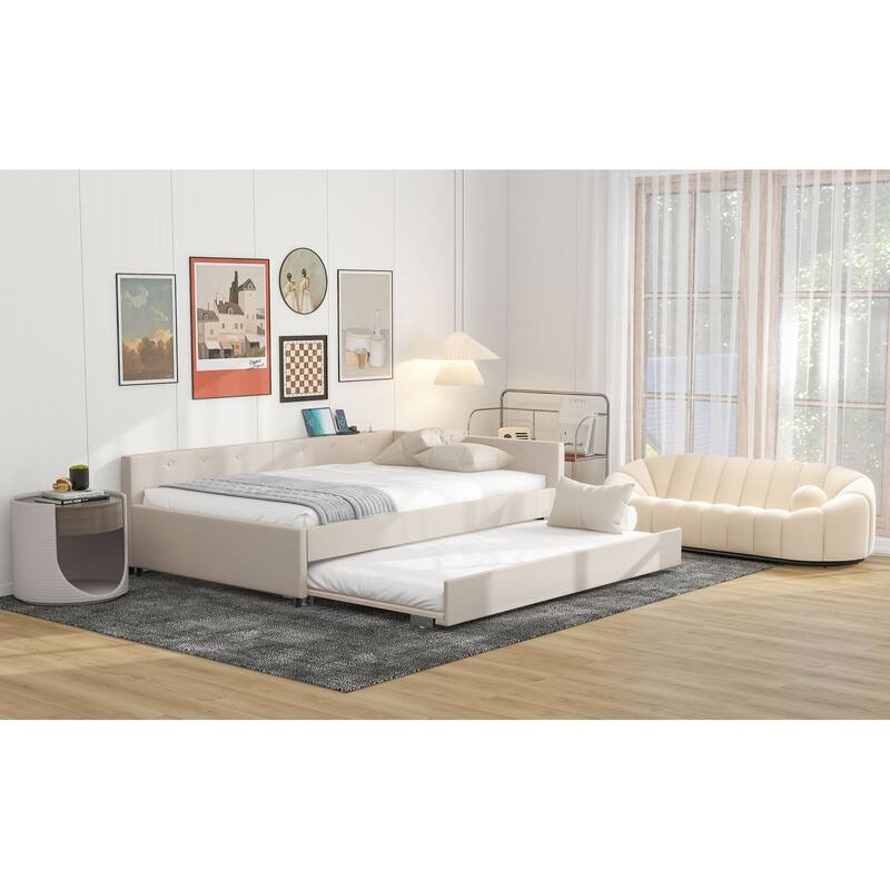 Full Size Upholstered Platform Bed Frame with USB Ports and Twin Size Trundle, No Box Spring Needed, Bedroom Furniture