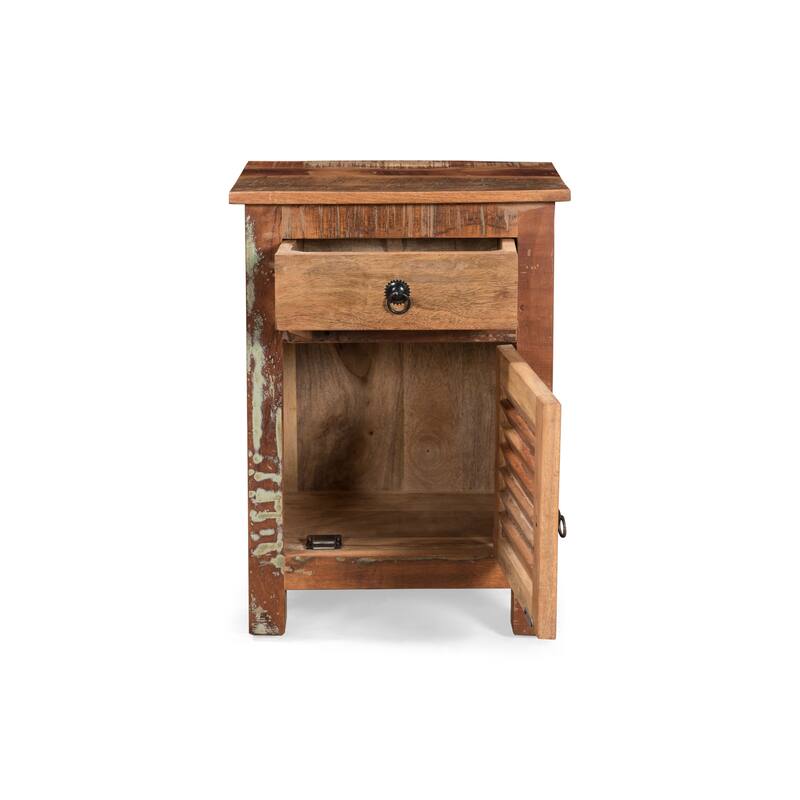 Roomfitters Handcrafted Side Table with Drawer and Cabinet, Recycled Wood with Boho Finish, Natural