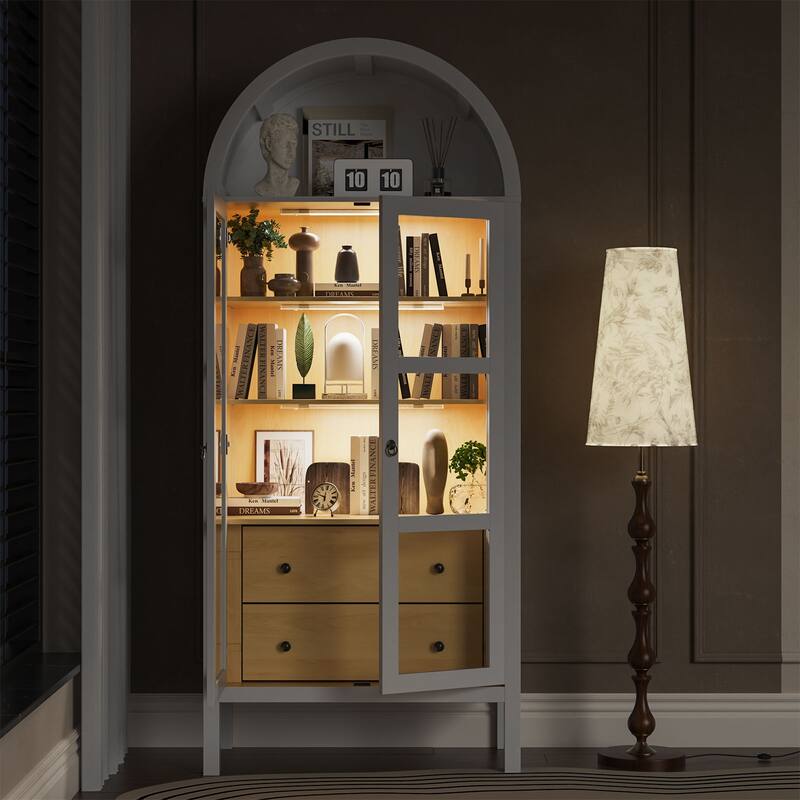 Modern Arched Cabinet with Glass Doors,72" Tall Arch Storage Cabinet with Height Adjustable Shelf and 2 Drawers Bookshelf