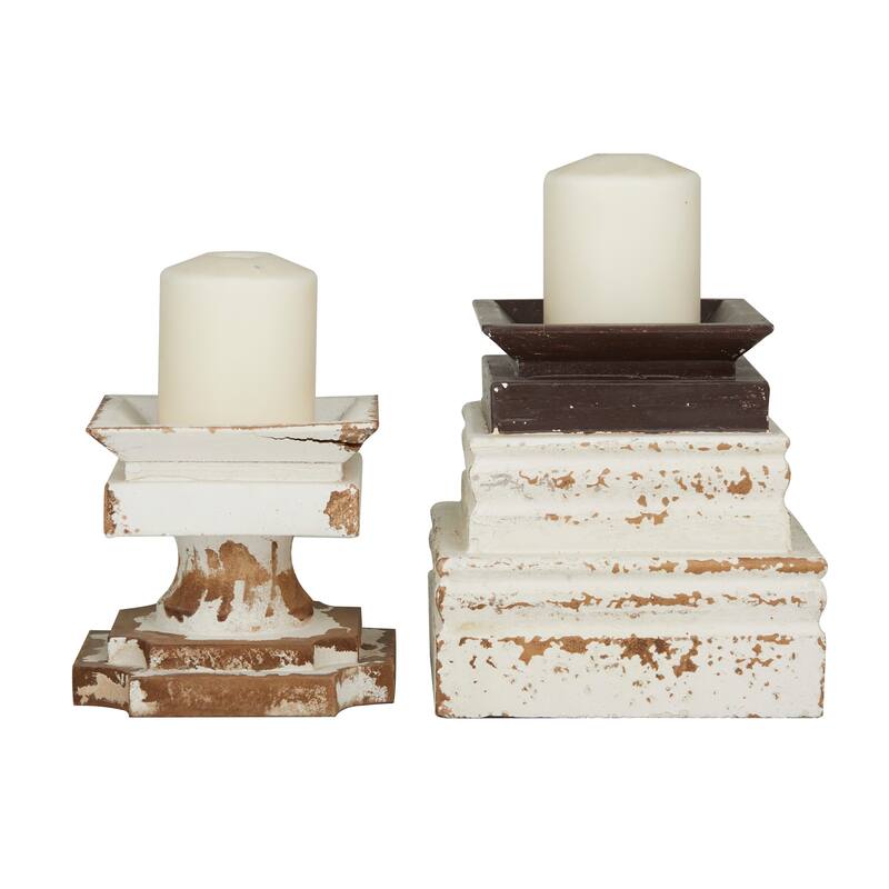 Wood Candle Holder - Set of 2 White - Roche River Decor - 7"W x 7"L x 7"H