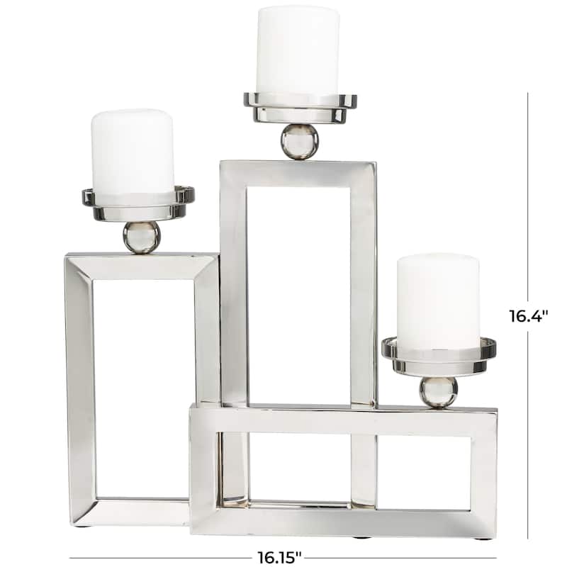 Silver Stainless Steel Metal Open Frame Geometric Candelabra with Overlapping Rectangles