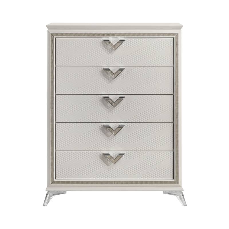 Dery Tall Dresser Chest, 5 Drawer Chrome Triangle Handles, White, Gold