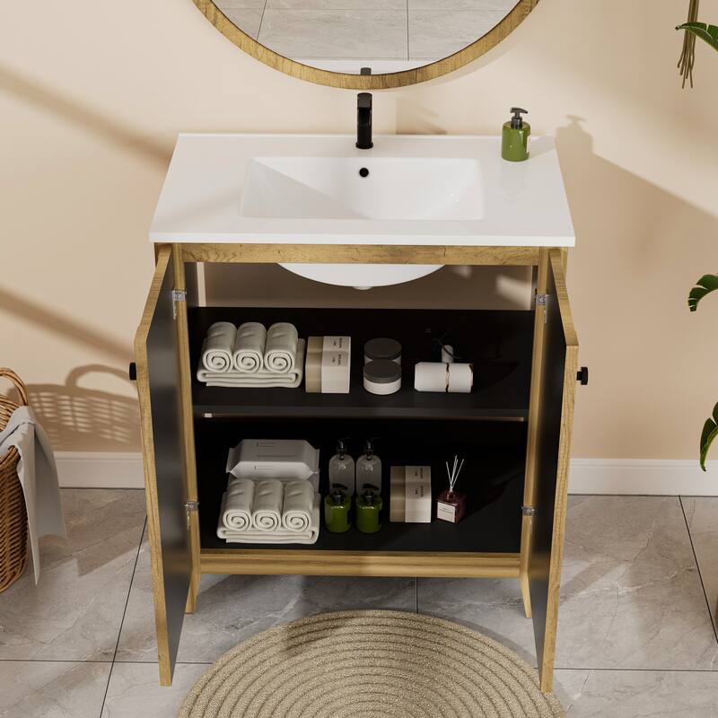 30inch Folding Floor Cabinet With Ceramic Sink- Patented 1-Minute Install, Space-Saving & Easy Assemble