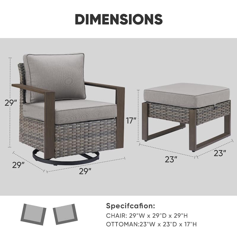 Outdoor Swivel Rocker Patio Chairs and Ottoman - Grey