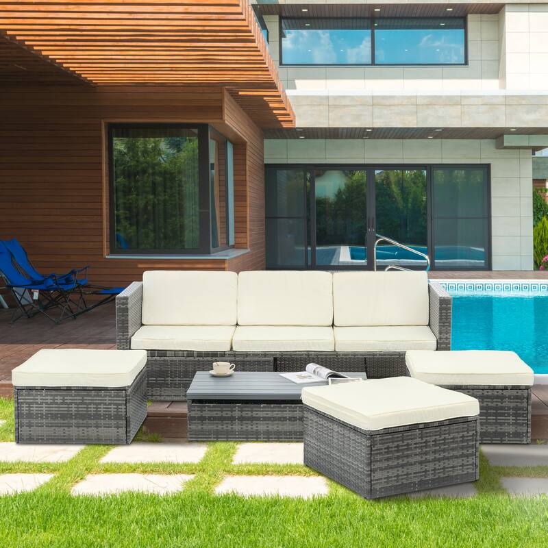 5 Pieces PE Wicker Outdoor Sectional Sofa Set with Lift-Top Coffee Table