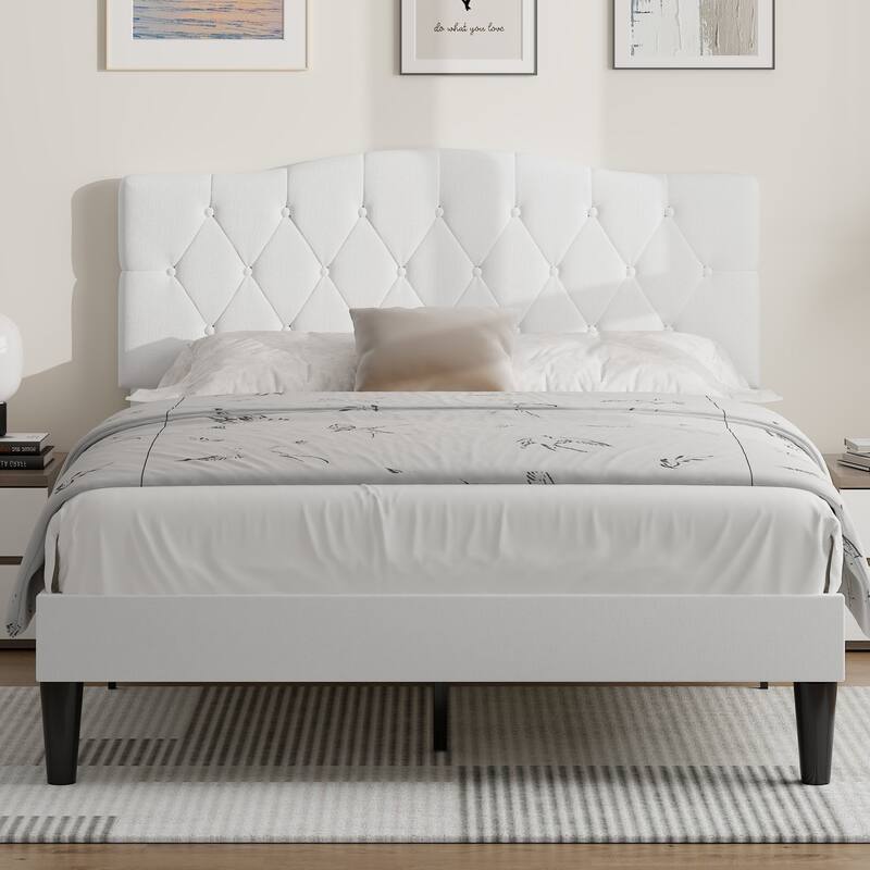 VECELO Tufted Upholstered Bed Frames With Adjustable Headboard - White - Queen